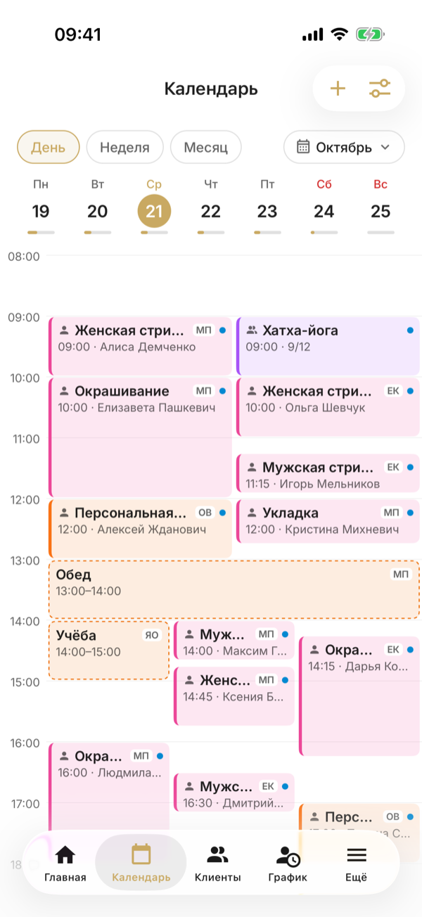 La pestaña Calendario en la vista Día: una franja de la semana con la ocupación de cada día, citas de distintos empleados una al lado de otra y el almuerzo como bloque ocupado